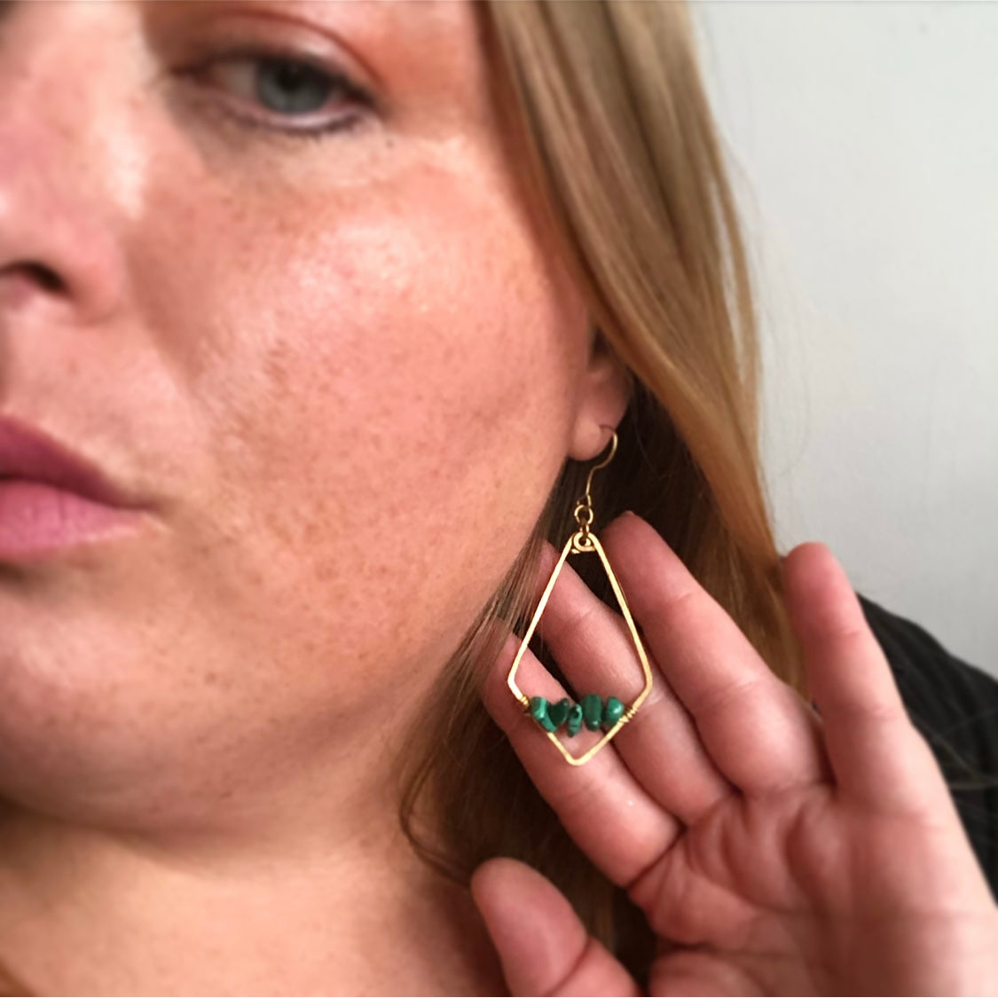 Brass 'Diamond' Malachite Earrings