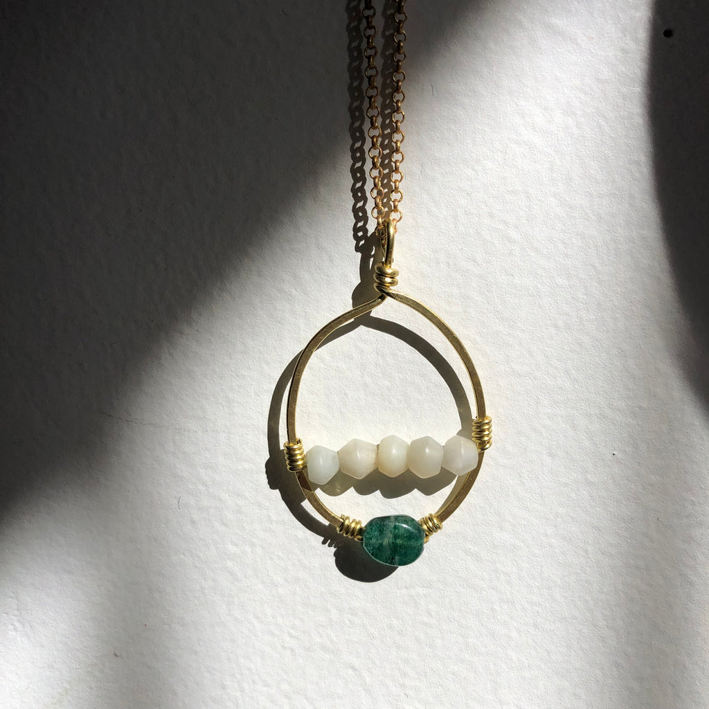Brass Hoop || Faceted Jade + Emerald Aventurine