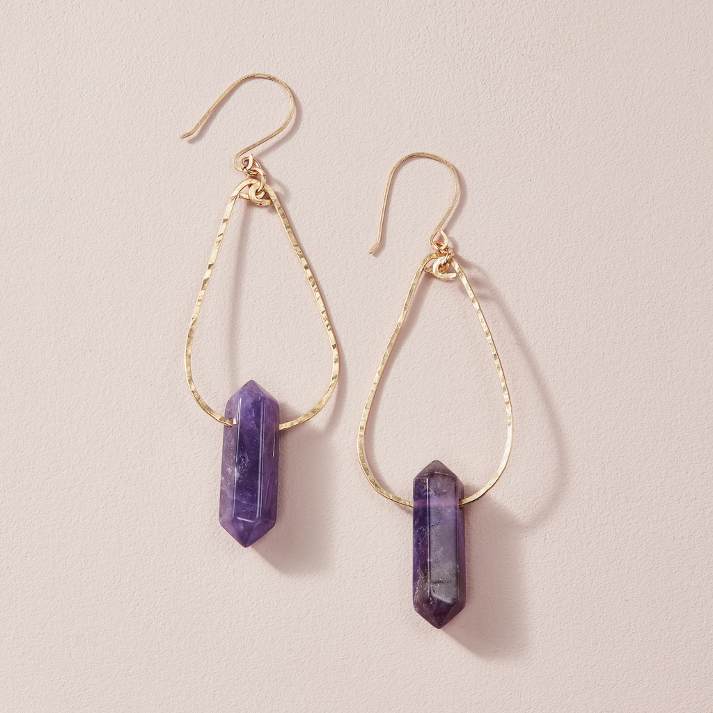 Hammered Gold Droplets with Amethyst Points