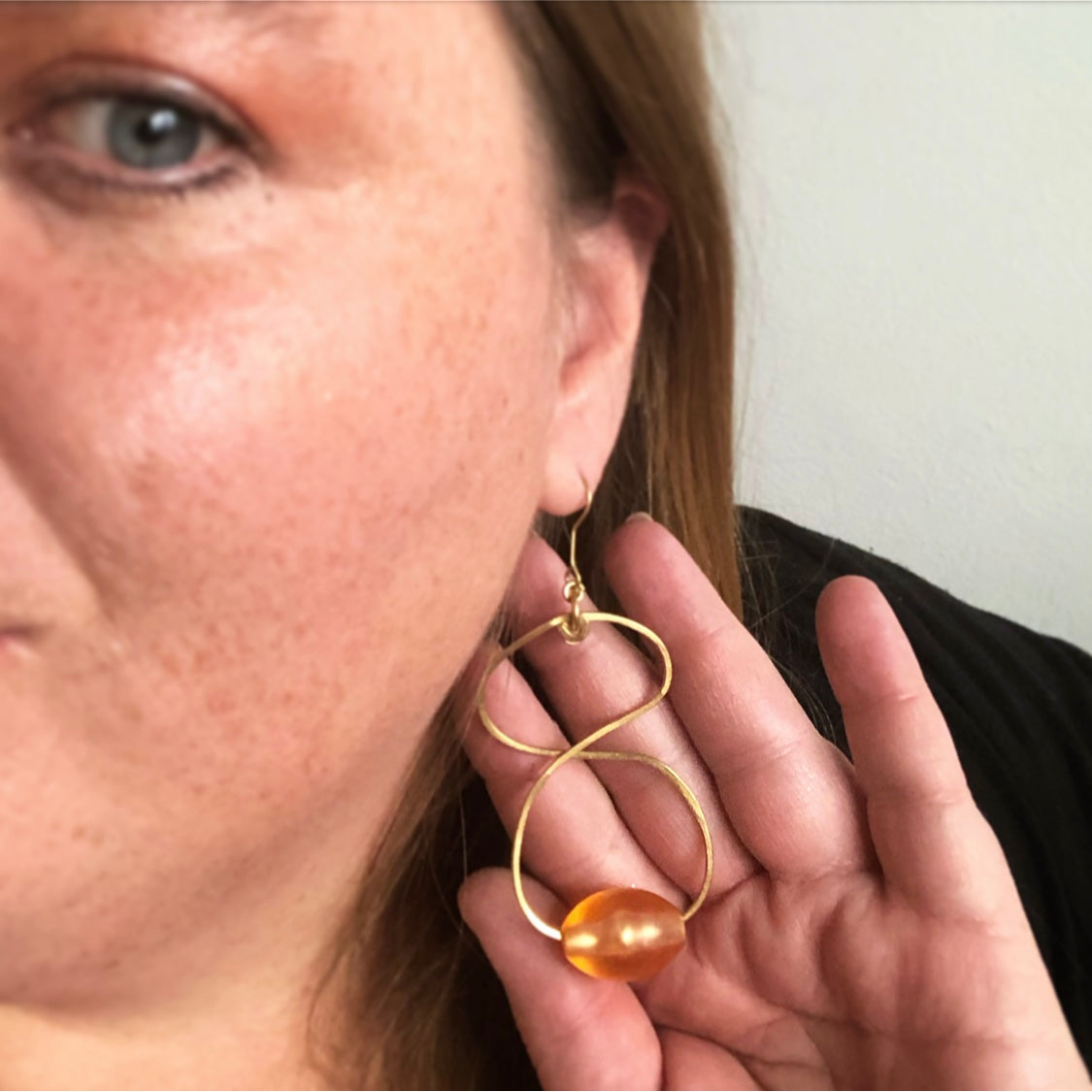 KSJ Sculptural Brass Earrings w/ Vintage Beads [Frosted Yellow Orange]