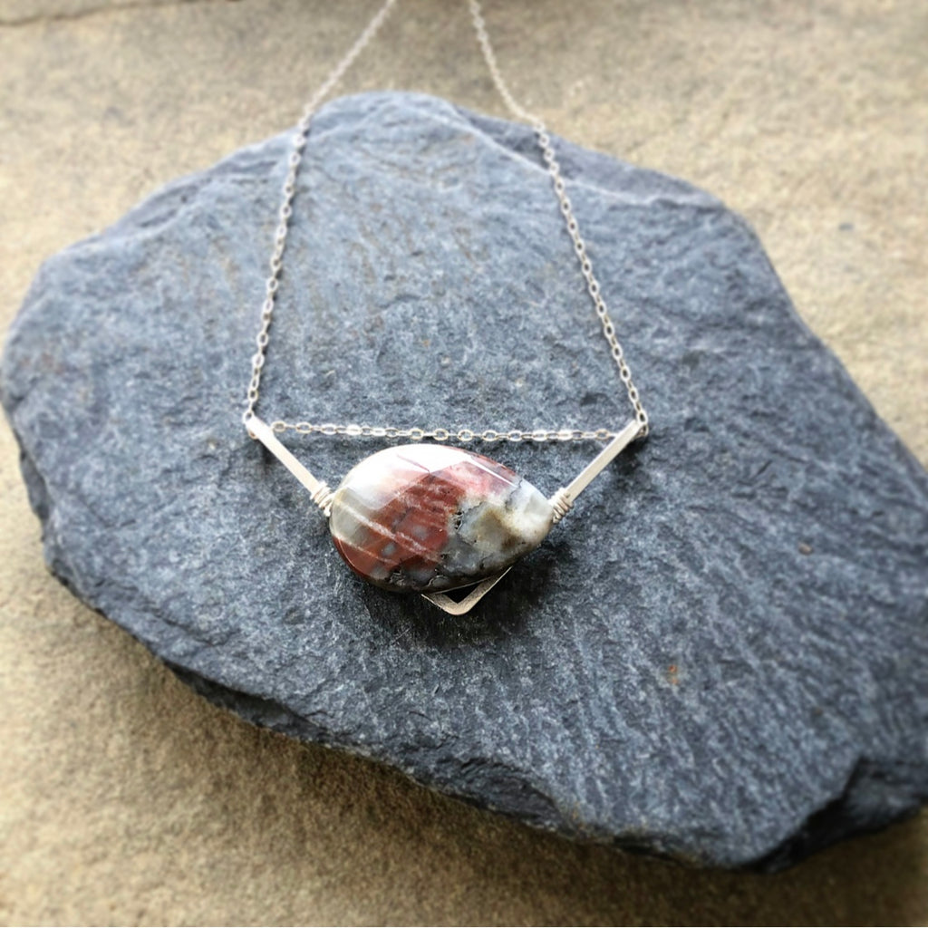 Silver Faceted Gray-Red Jasper Chevron