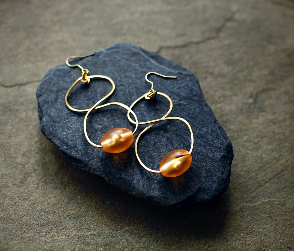 KSJ Sculptural Brass Earrings w/ Vintage Beads [Frosted Yellow Orange]
