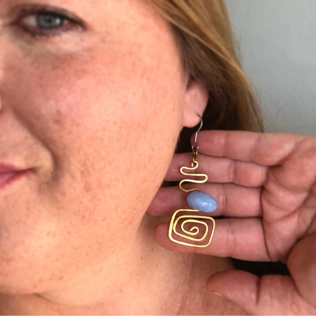 Vertical Brass Sculptural Earrings with Blue Vintage Bead