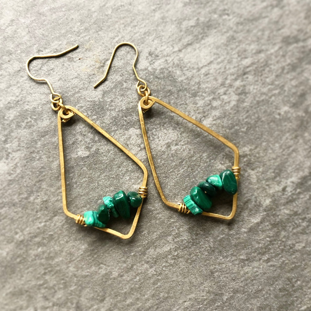 Brass 'Diamond' Malachite Earrings