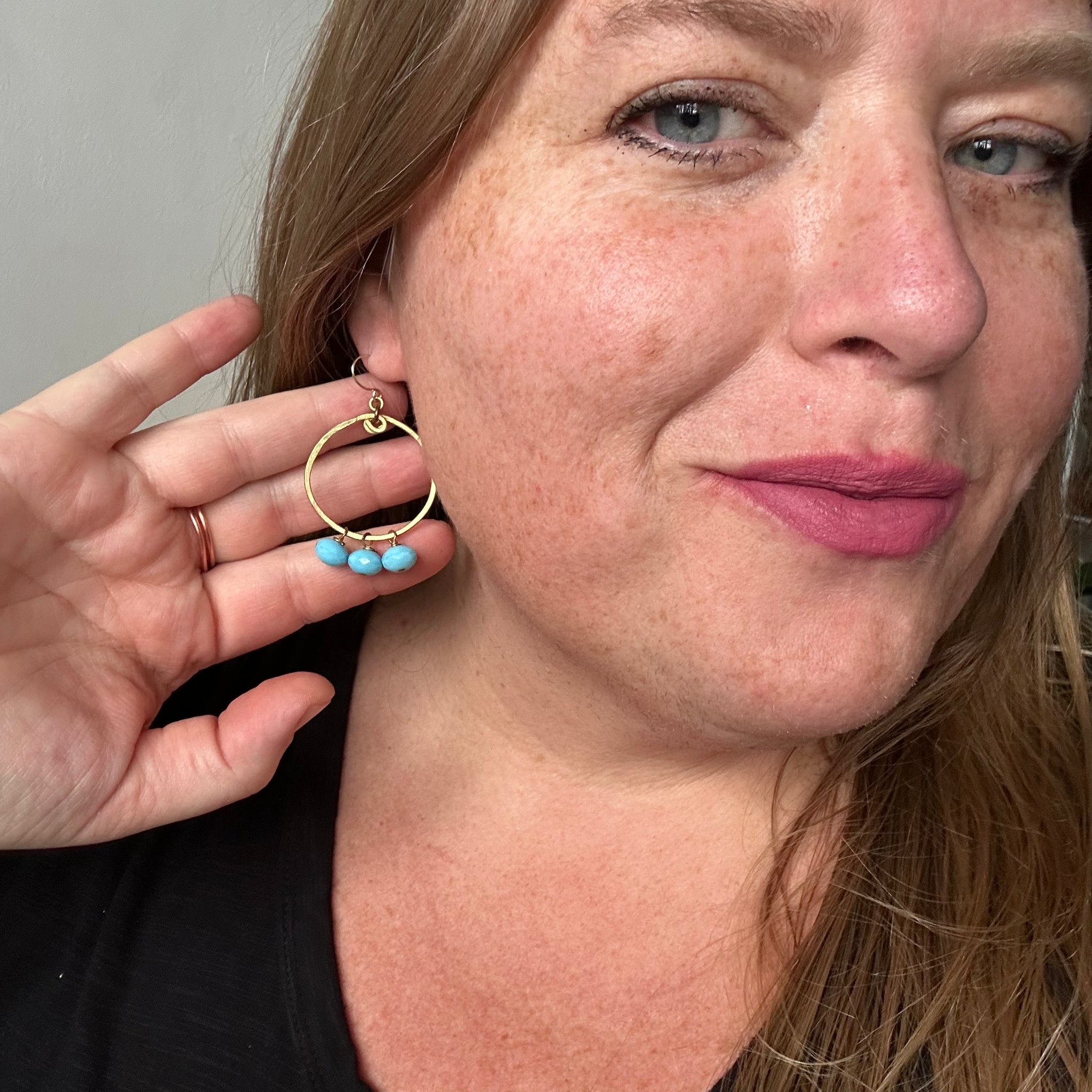 Brass Hoops with Trio of Faceted Blue Glass