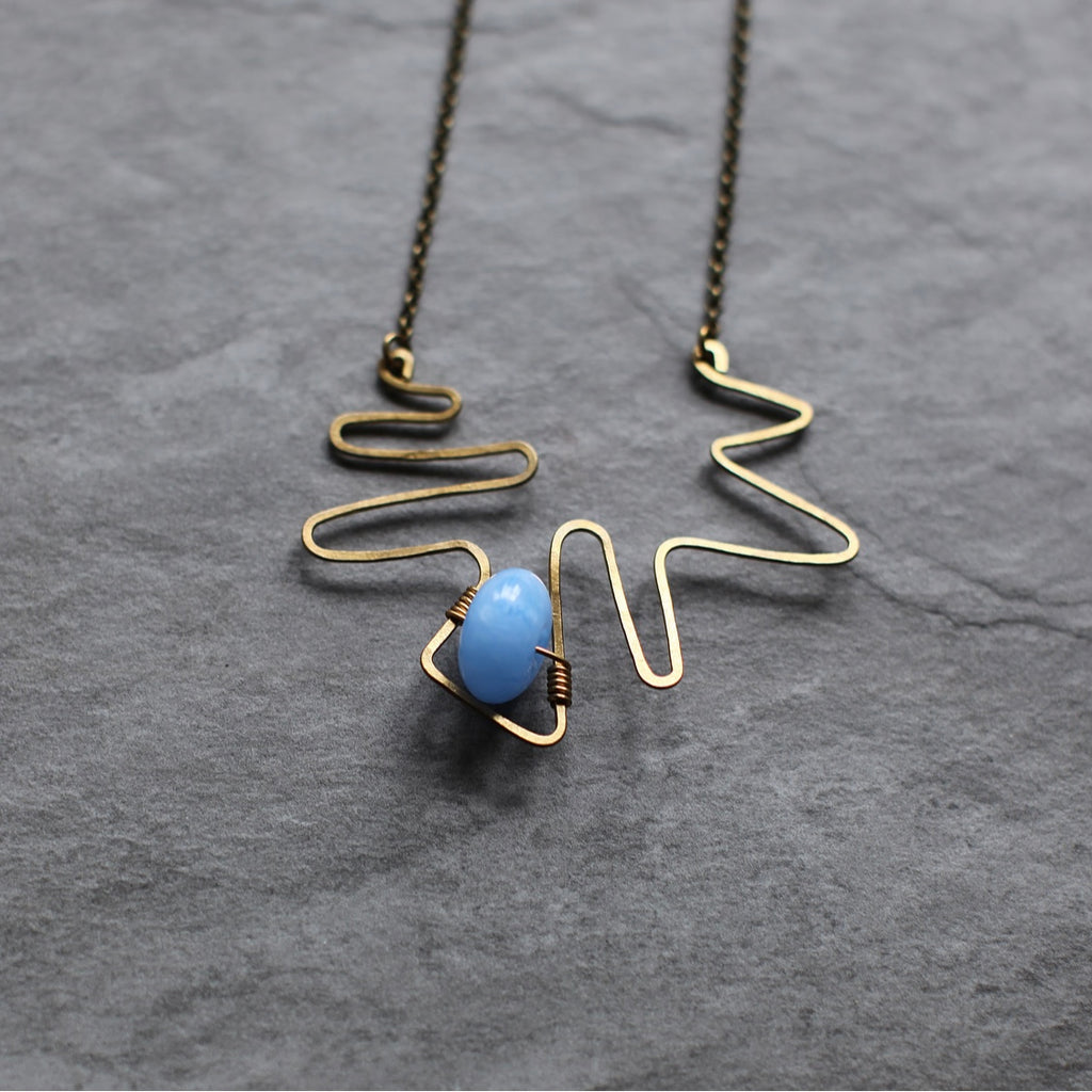 Brass Sculptural Necklace with Bright Blue Vintage Bead