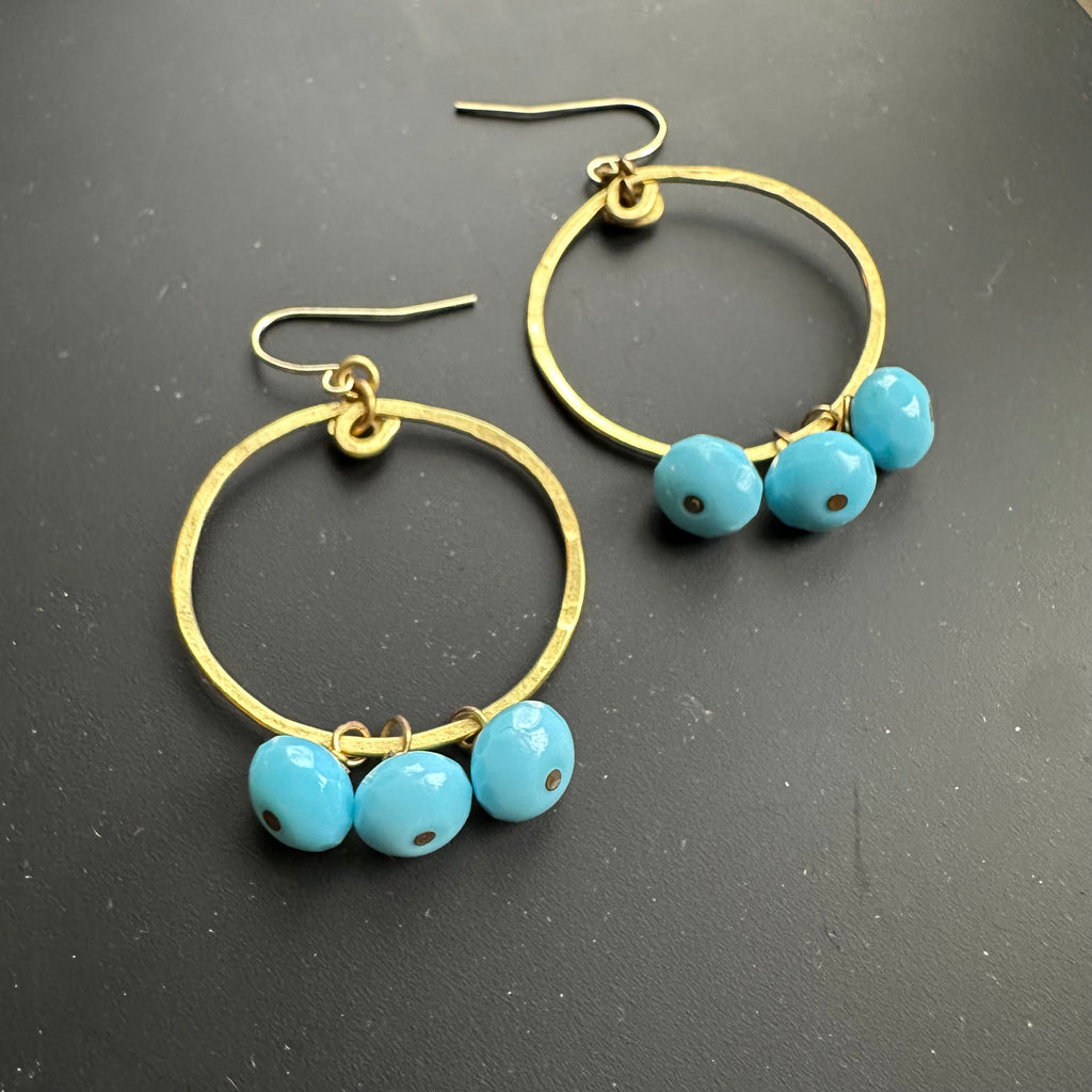 Brass Hoops with Trio of Faceted Blue Glass