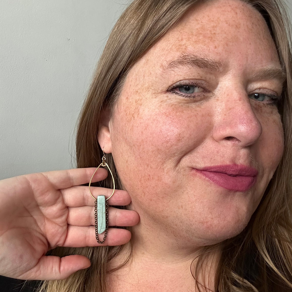 Blue Stone Brass Chain Hoops