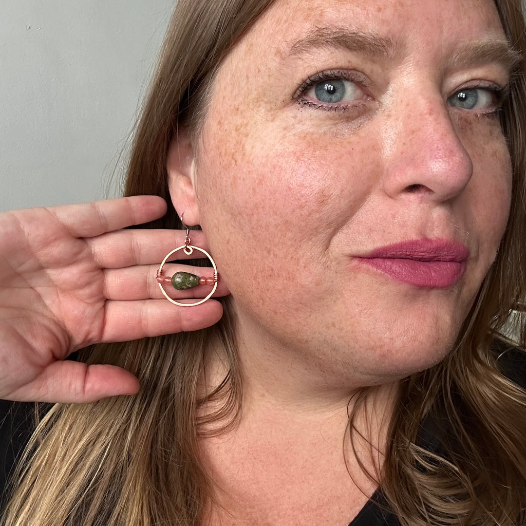 Hammered Copper Hoops with  Unakite and Strawberry Quartz