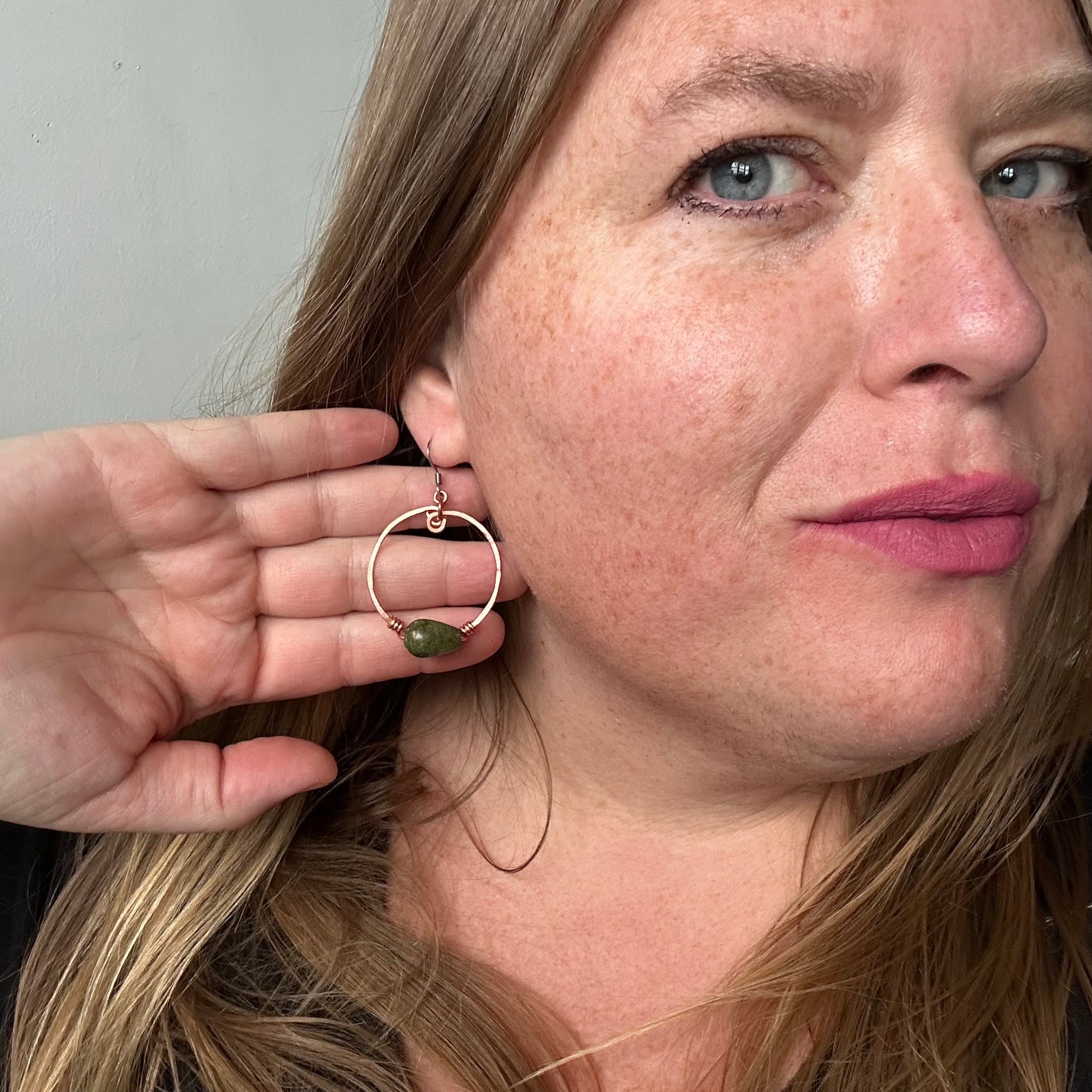 Hammered Copper Hoops with woven droplets of Unakite