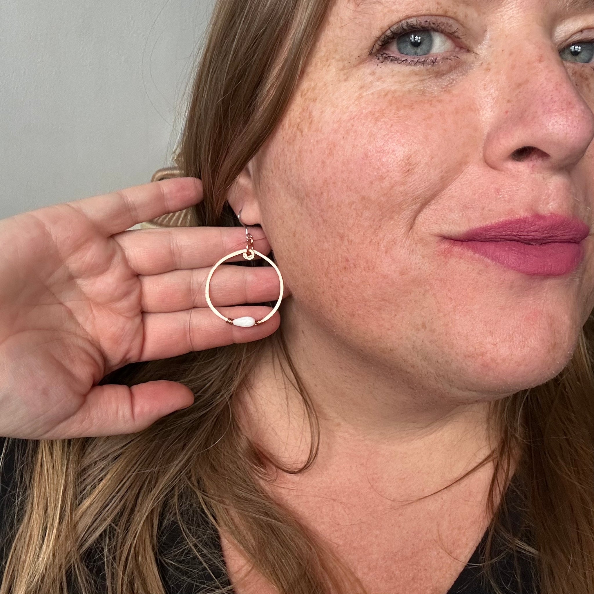 Hammered Copper Hoops with White Onyx