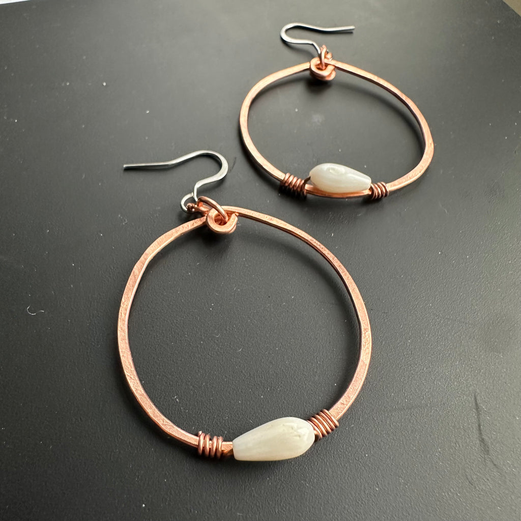 Hammered Copper Hoops with White Onyx