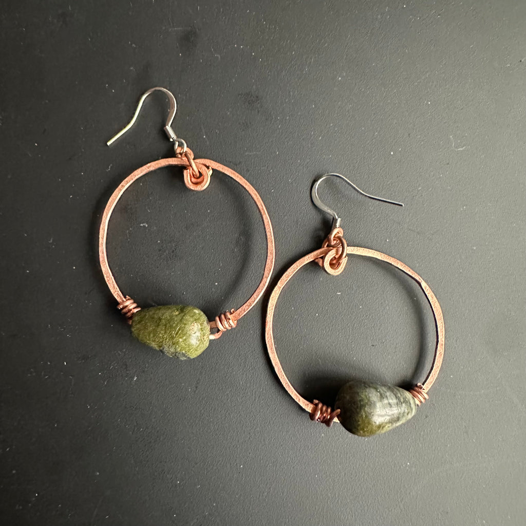 Hammered Copper Hoops with woven droplets of Unakite