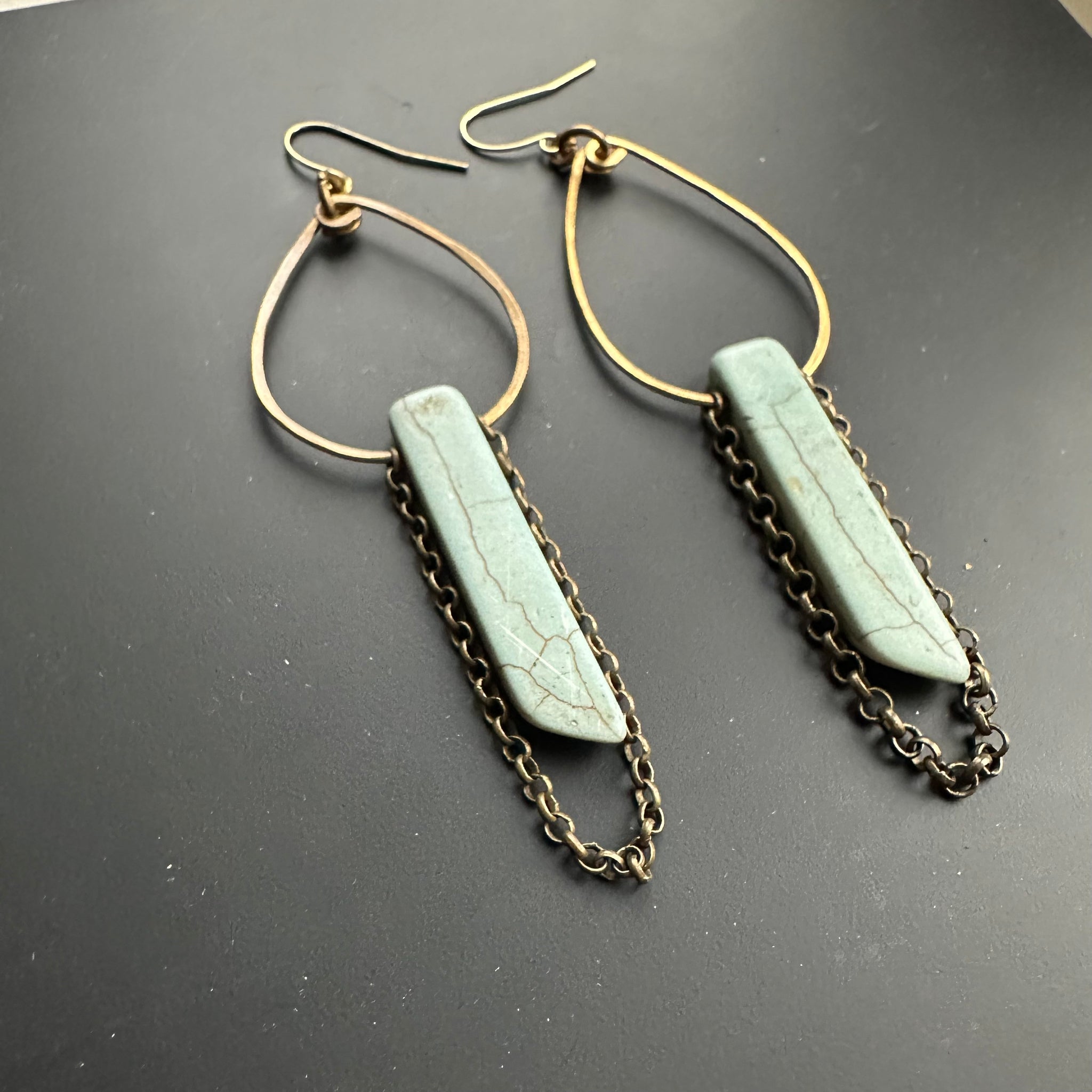 Blue Stone Brass Chain Hoops