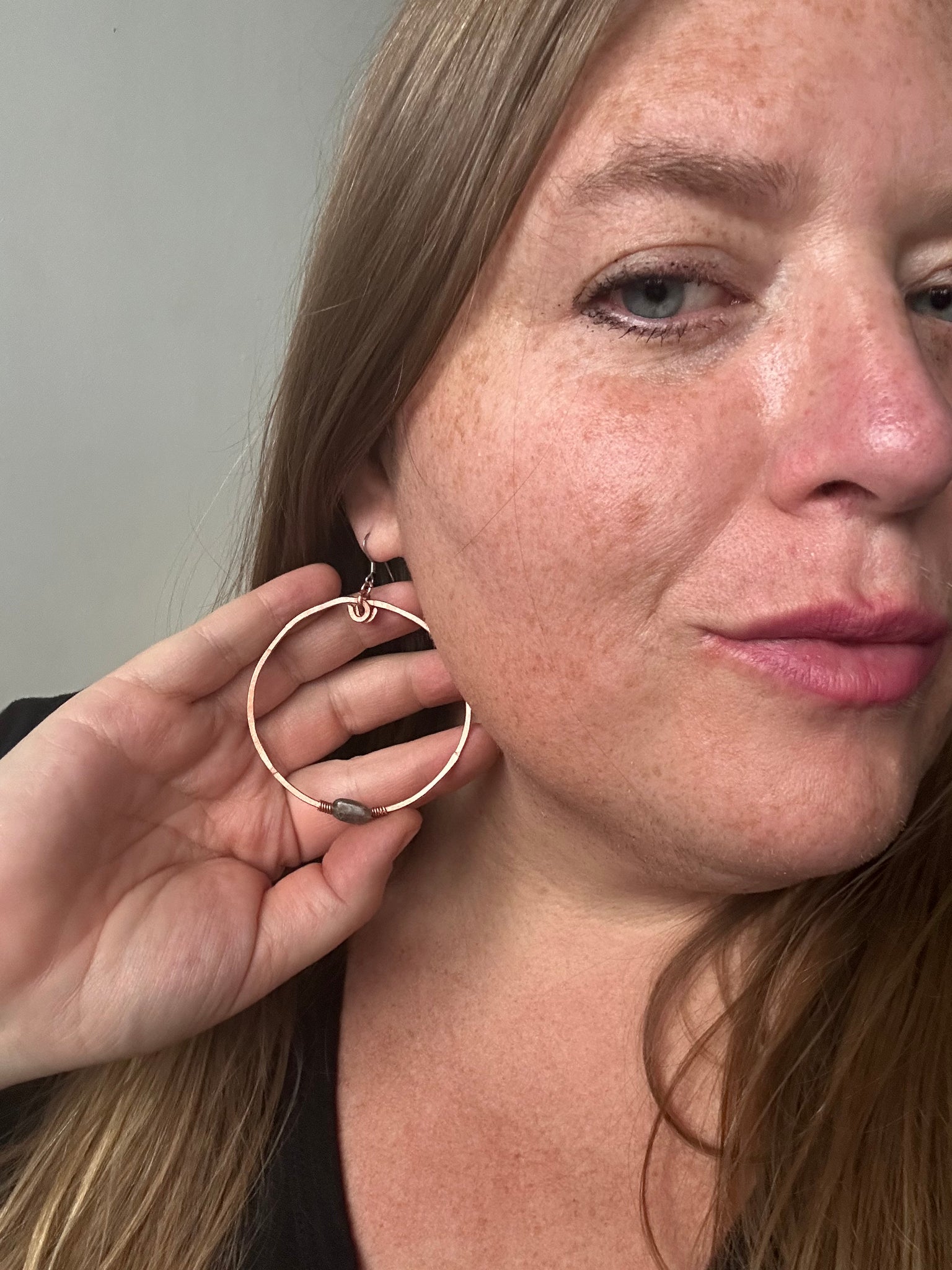 Hammered Copper Hoops with Labradorite