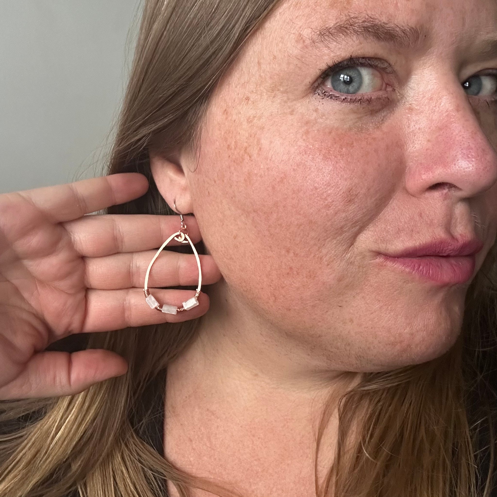 Hammered Copper Hoops with Woven Quartz