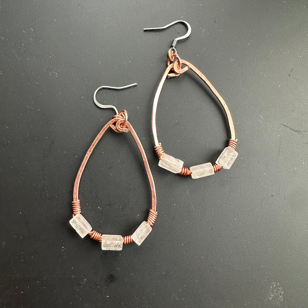 Hammered Copper Hoops with Woven Quartz
