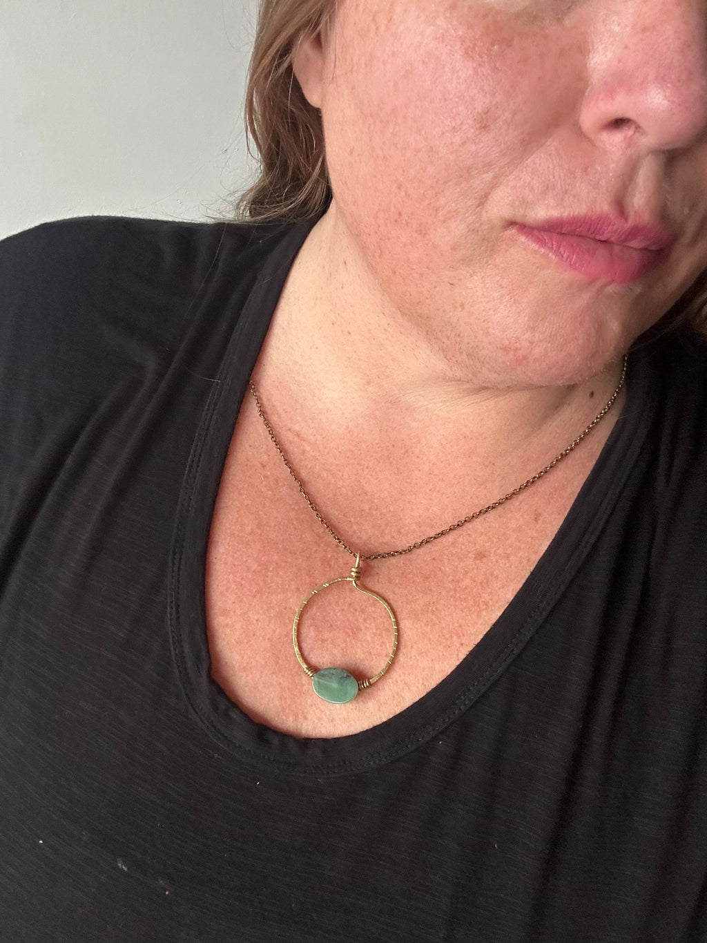 Brass Hoop with Blue Green Aventurine