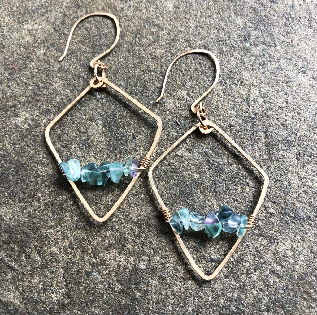 Bright Fluorite Gold Shield Earrings
