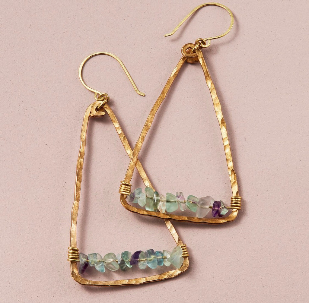 Fluorite + Brass Triangle Earrings