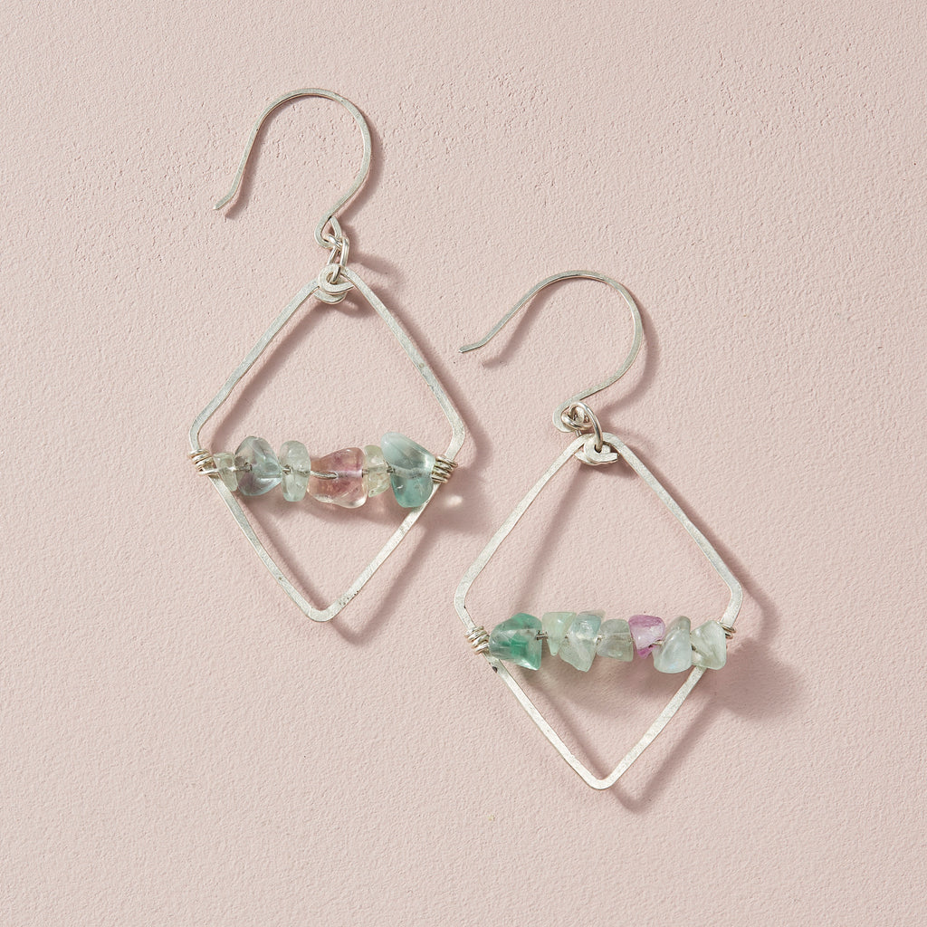 Bright Fluorite + Sterling Silver Diamond Hoops