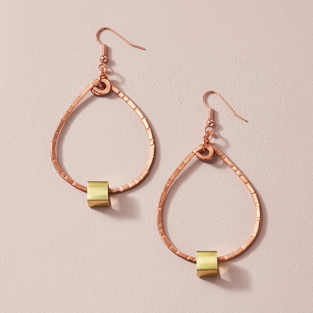 Textured Copper Hoops with Brass Cubes