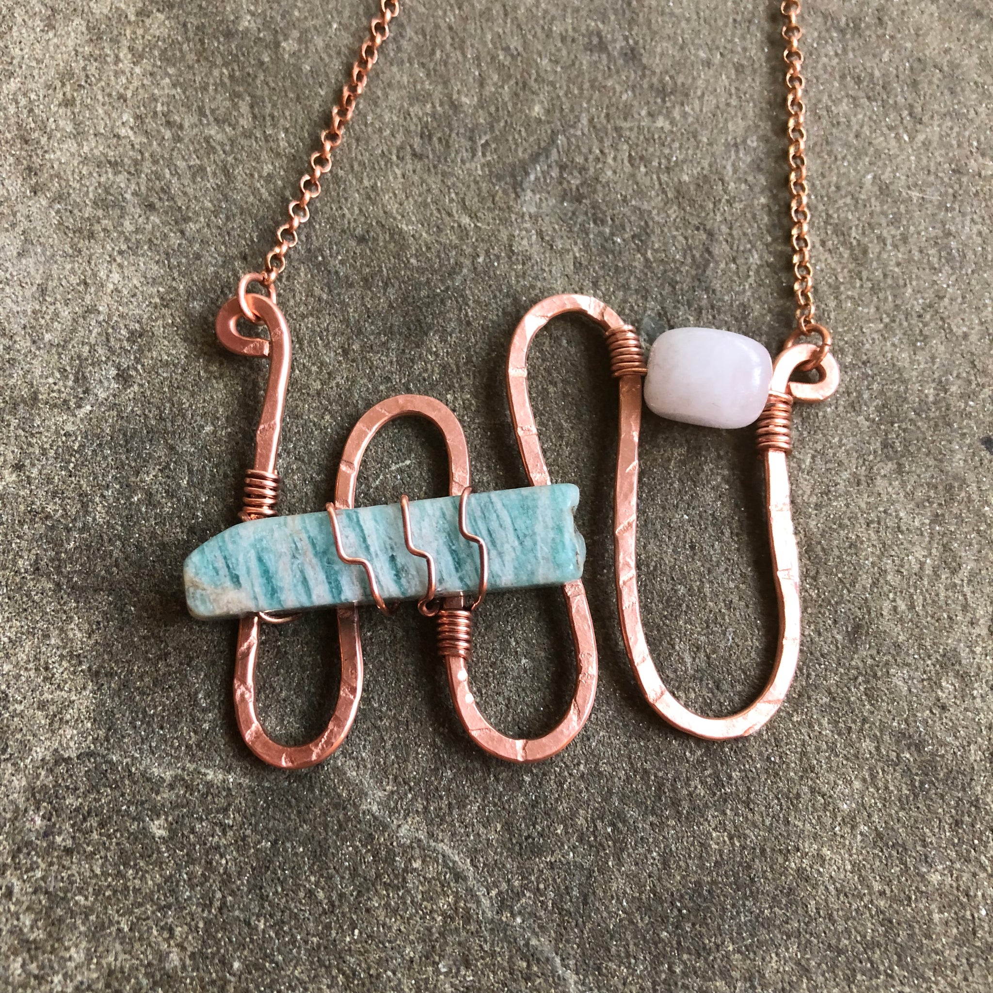 Sculptural Copper Wave Necklace :: Amazonite + Rose Quartz