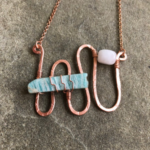 Sculptural Copper Wave Necklace :: Amazonite + Rose Quartz