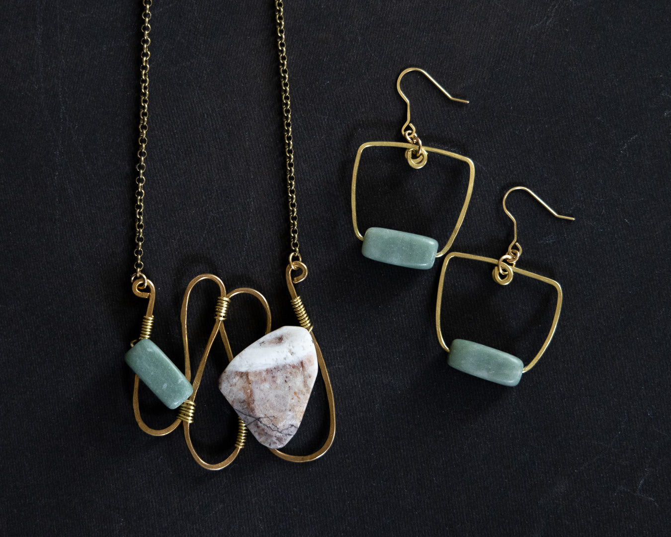 Hammered Brass Square Hoops with Amazonite