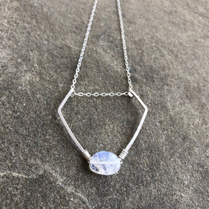 Rainbow Moonstone + Silver Shield Necklace