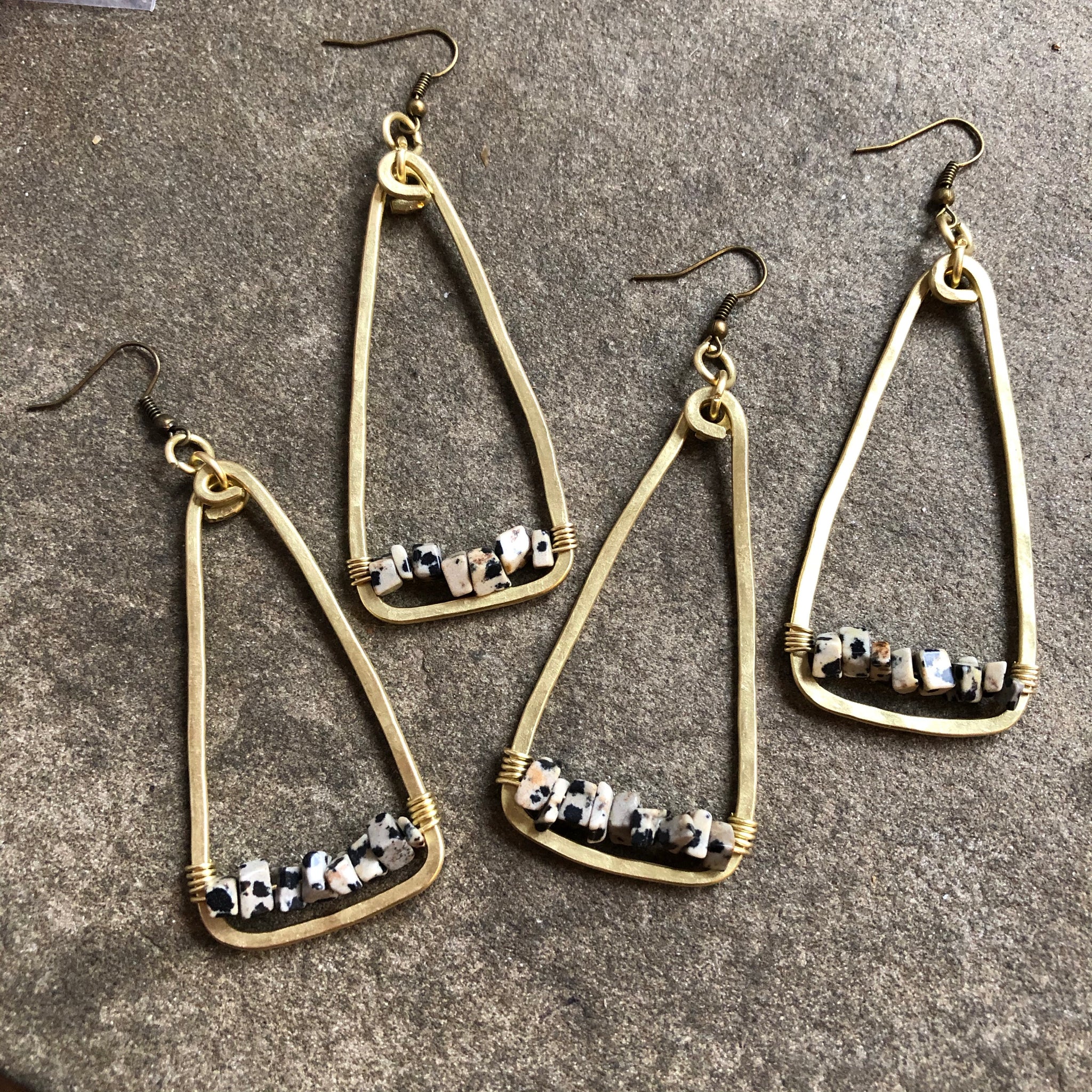 Dalmatian Jasper + Brass Triangle Earrings