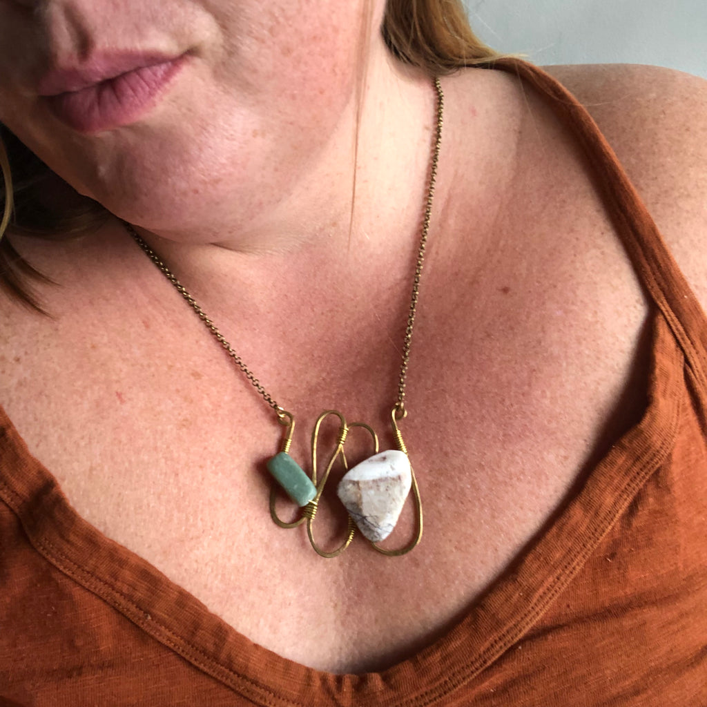 Sculptural Wave Necklace:: Faceted Jasper + Dark Amazonite