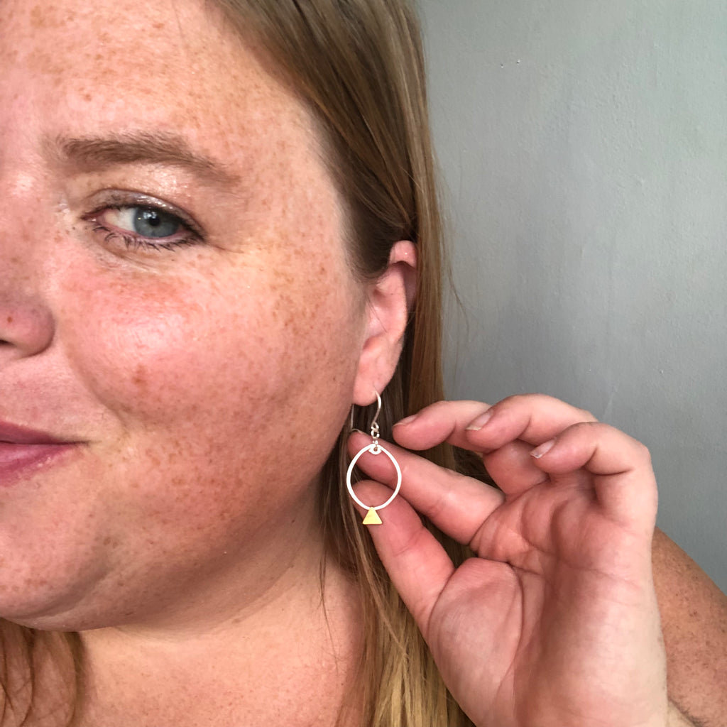 Silver Hoops with Brass Triangles