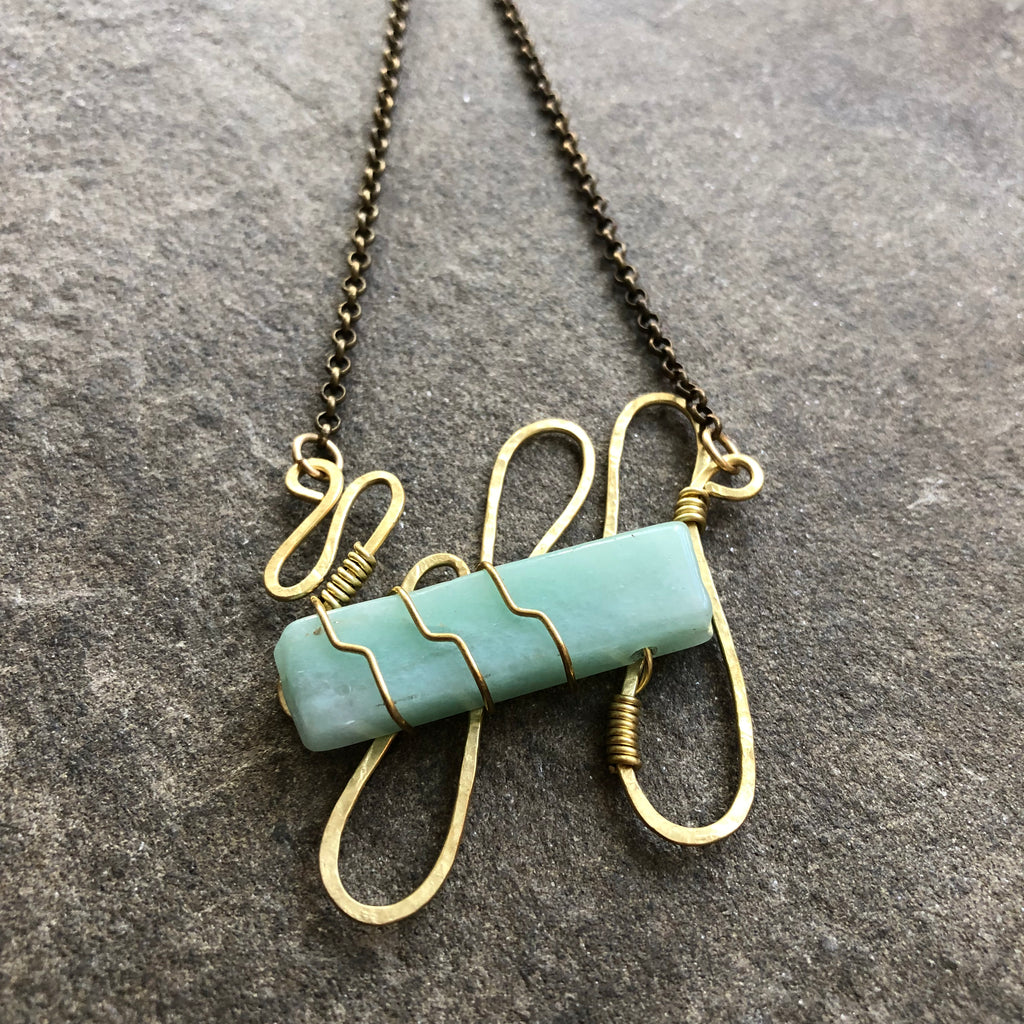 Brass Sculptural Wave Necklace :: Wrapped Blue-Green Aventurine