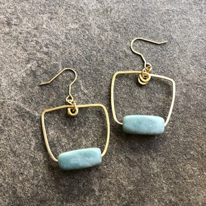 Hammered Brass Square Hoops with Amazonite