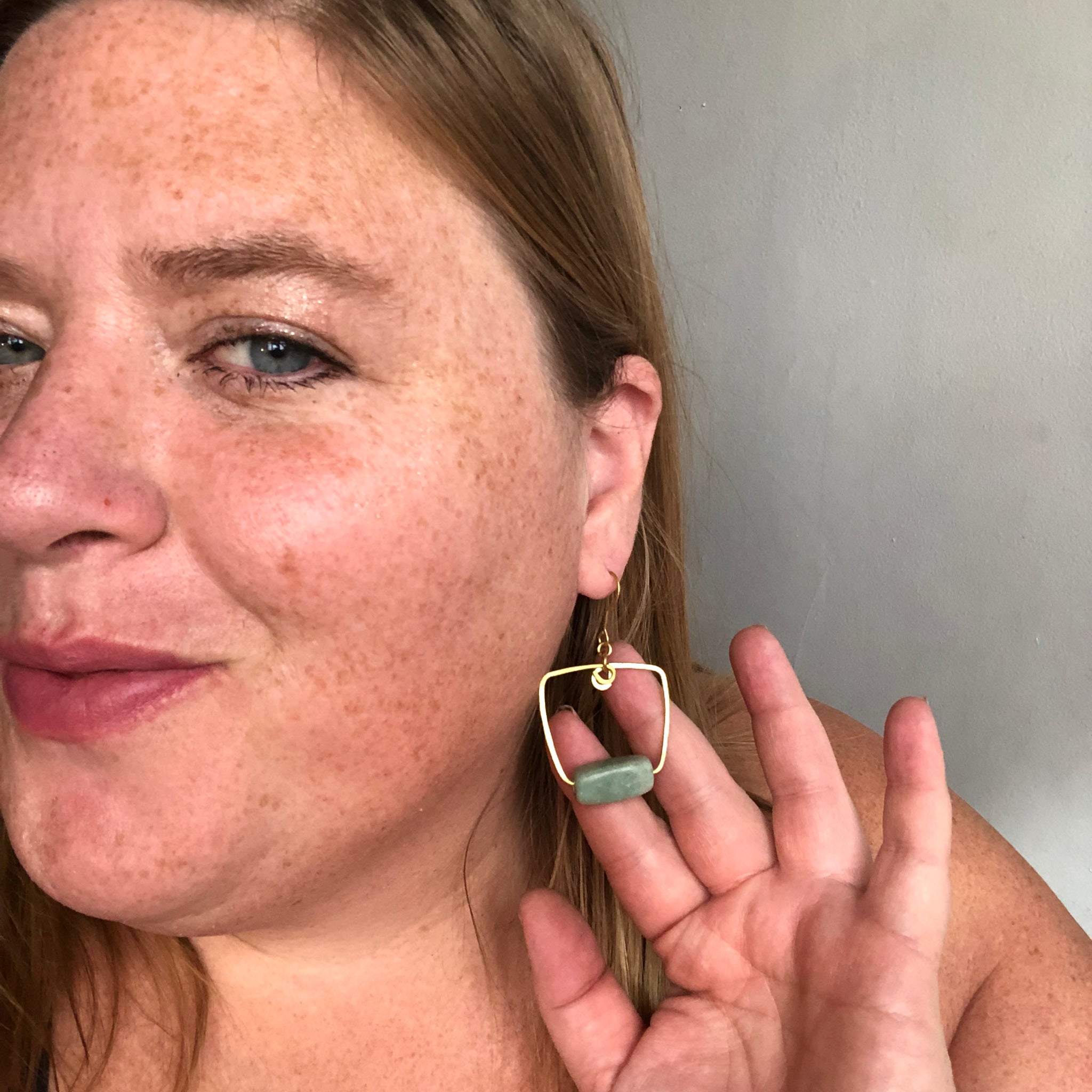 Hammered Brass Square Hoops with Amazonite