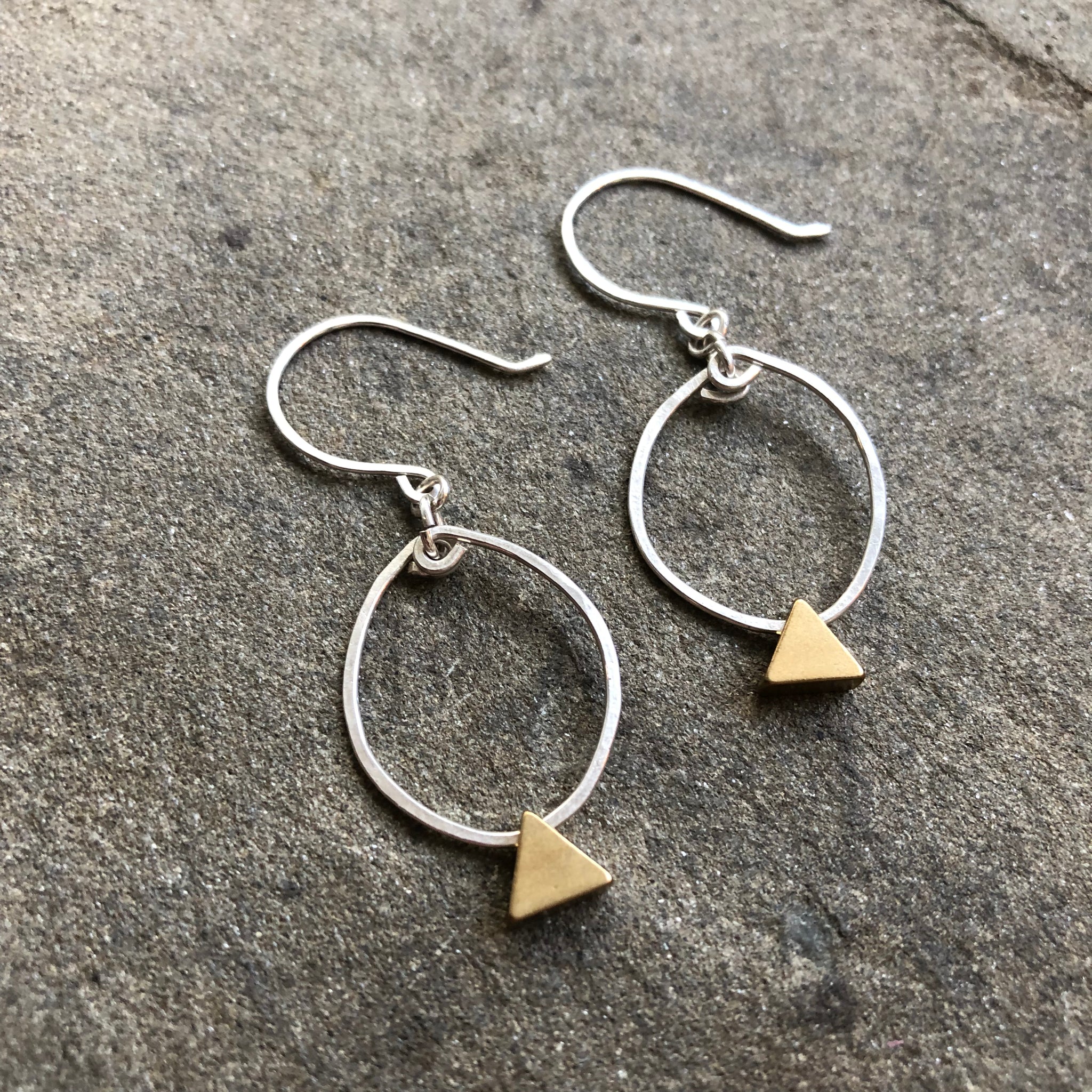 Silver Hoops with Brass Triangles