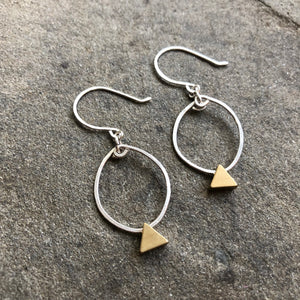 Silver Hoops with Brass Triangles