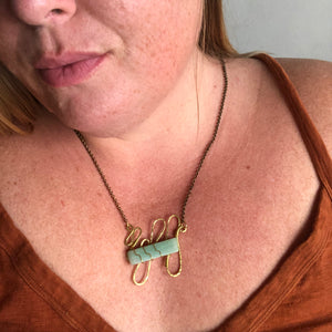 Brass Sculptural Wave Necklace :: Wrapped Blue-Green Aventurine
