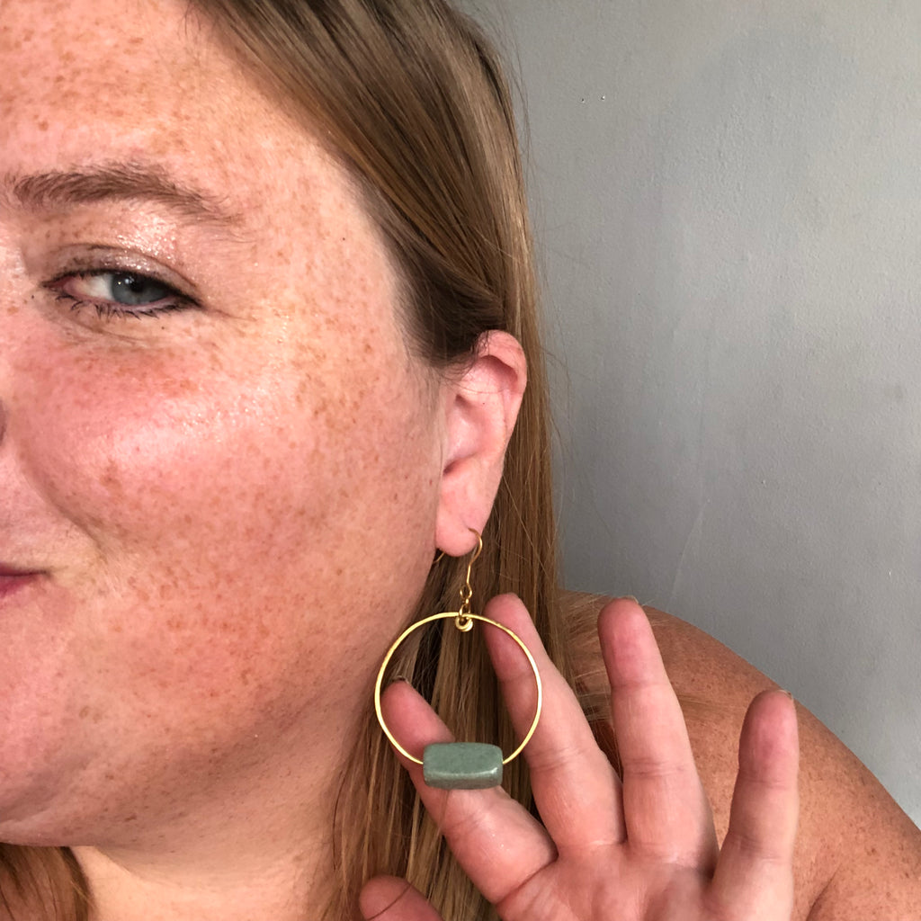 Hammered Brass Hoops with Amazonite